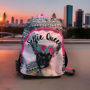 Selfie Queen -Queen Pug pink striped Backpack School Bag Book Bag